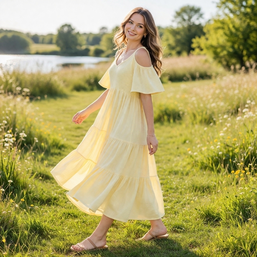 Dunes 100% Cotton Waffle Knit Midi Dress Yellow Cutout Shoulder Boho Sundress Sm